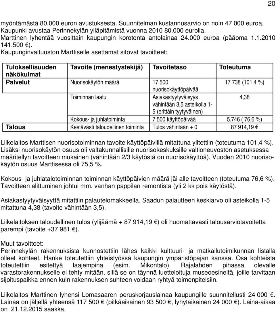 Kaupunginvaltuuston Marttiselle asettamat sitovat tavoitteet: Tuloksellisuuden Tavoite (menestystekijä) Tavoitetaso Toteutuma näkökulmat Palvelut Nuorisokäytön määrä 17.