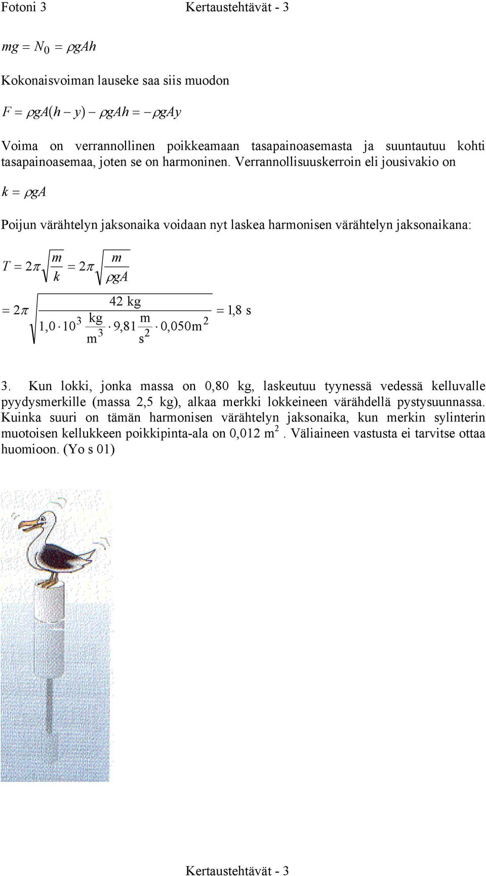 Verralliuukerri eli juivaki k = ρ ga Piju värähtely jakaika vidaa yt lakea harie värähtely jakaikaa: T = 2π = 2π k ρ ga = 2π 42 kg 3 1,0 10 kg 2 9, 81 0,