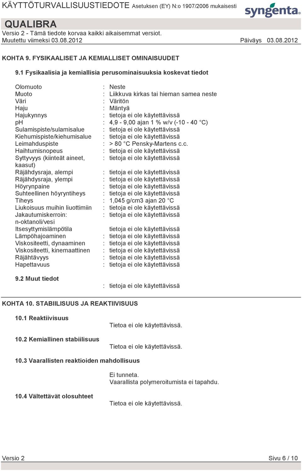 (-10-40 C) Sulamispiste/sulamisalue Kiehumispiste/kiehumisalue Leimahduspiste : > 80 C Pensky-Martens c.