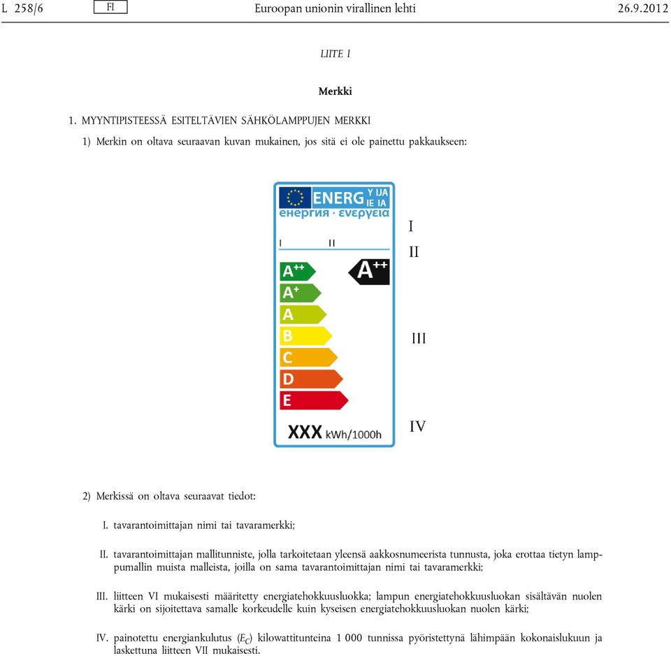 tavarantoimittajan nimi tai tavaramerkki; II.