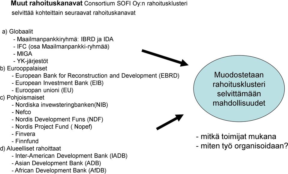 Pohjoismaiset - Nordiska invewsteringbanken(nib) - Nefco - Nordis Development Funs (NDF) - Nordis Project Fund ( Nopef) - Finvera - Finnfund d) Alueelliset rahoittaat - Inter-American