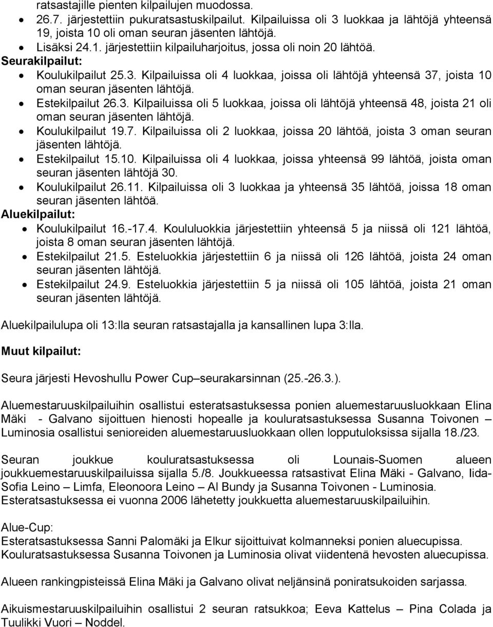 Koulukilpailut 19.7. Kilpailuissa oli 2 luokkaa, joissa 20 lähtöä, joista 3 oman seuran jäsenten lähtöjä. Estekilpailut 15.10.