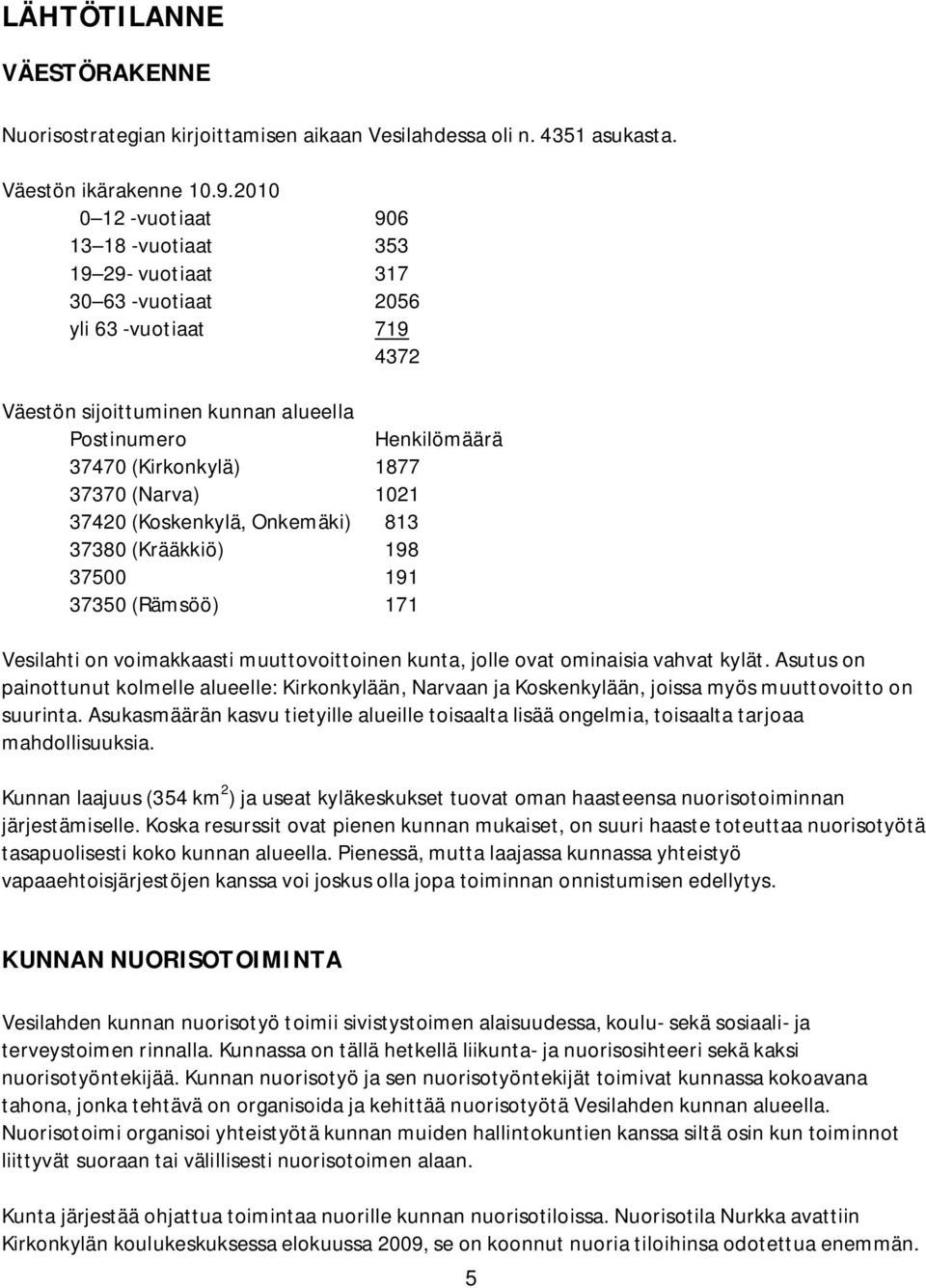 37370 (Narva) 1021 37420 (Koskenkylä, Onkemäki) 813 37380 (Krääkkiö) 198 37500 191 37350 (Rämsöö) 171 Vesilahti on voimakkaasti muuttovoittoinen kunta, jolle ovat ominaisia vahvat kylät.