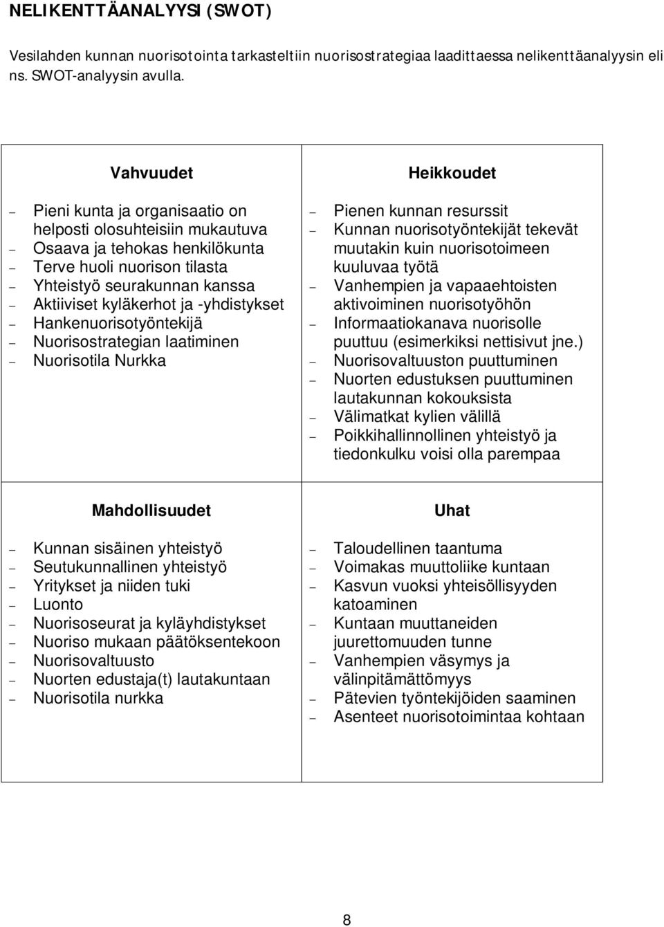 -yhdistykset Hankenuorisotyöntekijä Nuorisostrategian laatiminen Nuorisotila Nurkka Pienen kunnan resurssit Kunnan nuorisotyöntekijät tekevät muutakin kuin nuorisotoimeen kuuluvaa työtä Vanhempien ja