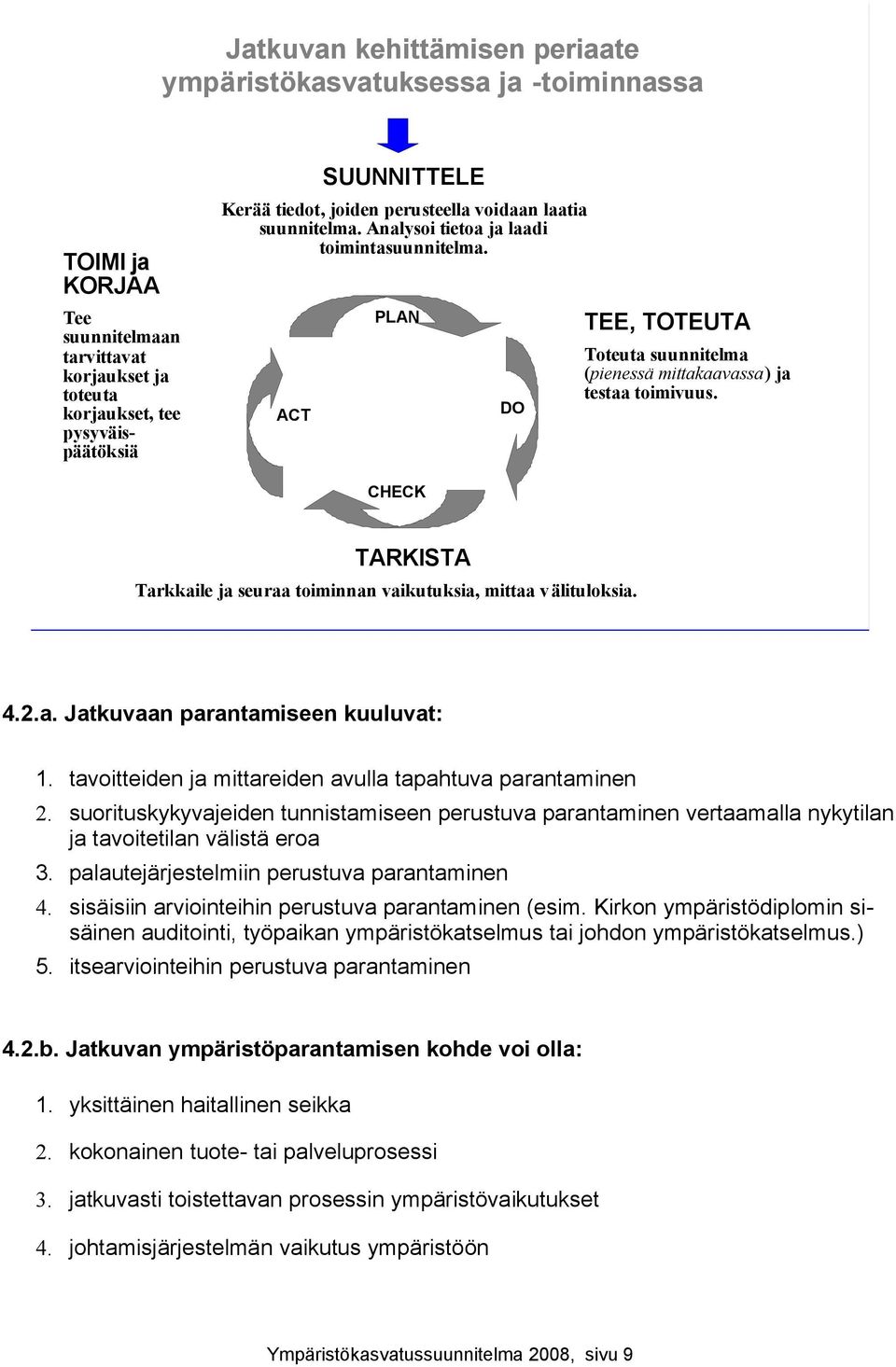 CHECK TARKISTA Tarkkaile ja seuraa toiminnan vaikutuksia, mittaa välituloksia. 4.2.a. Jatkuvaan parantamiseen kuuluvat: 1. tavoitteiden ja mittareiden avulla tapahtuva parantaminen 2.