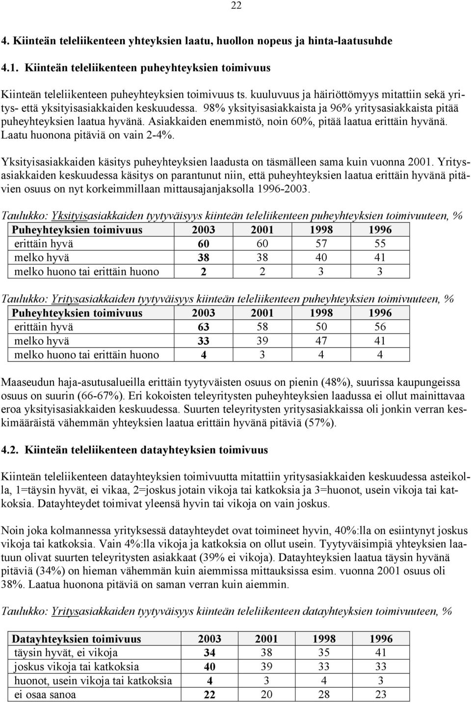 Asiakkaiden enemmistö, noin 60%, pitää laatua erittäin hyvänä. Laatu huonona pitäviä on vain 2-4%. Yksityisasiakkaiden käsitys puheyhteyksien laadusta on täsmälleen sama kuin vuonna 2001.