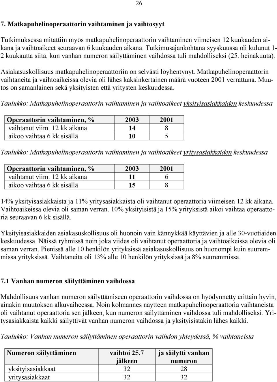 Asiakasuskollisuus matkapuhelinoperaattoriin on selvästi löyhentynyt. Matkapuhelinoperaattorin vaihtaneita ja vaihtoaikeissa olevia oli lähes kaksinkertainen määrä vuoteen 2001 verrattuna.