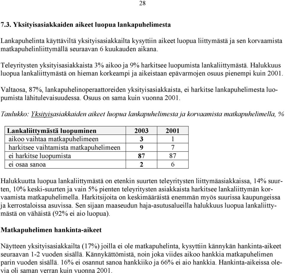 aikana. Teleyritysten yksityisasiakkaista 3% aikoo ja 9% harkitsee luopumista lankaliittymästä.