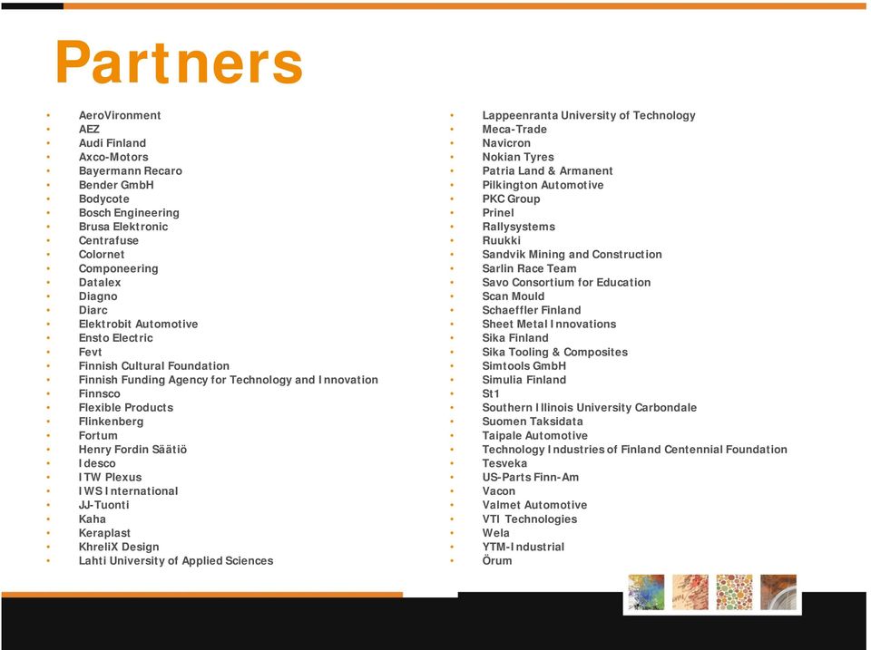 International JJ-Tuonti Kaha Keraplast KhreliX Design Lahti University of Applied Sciences Lappeenranta University of Technology Meca-Trade Navicron Nokian Tyres Patria Land & Armanent Pilkington