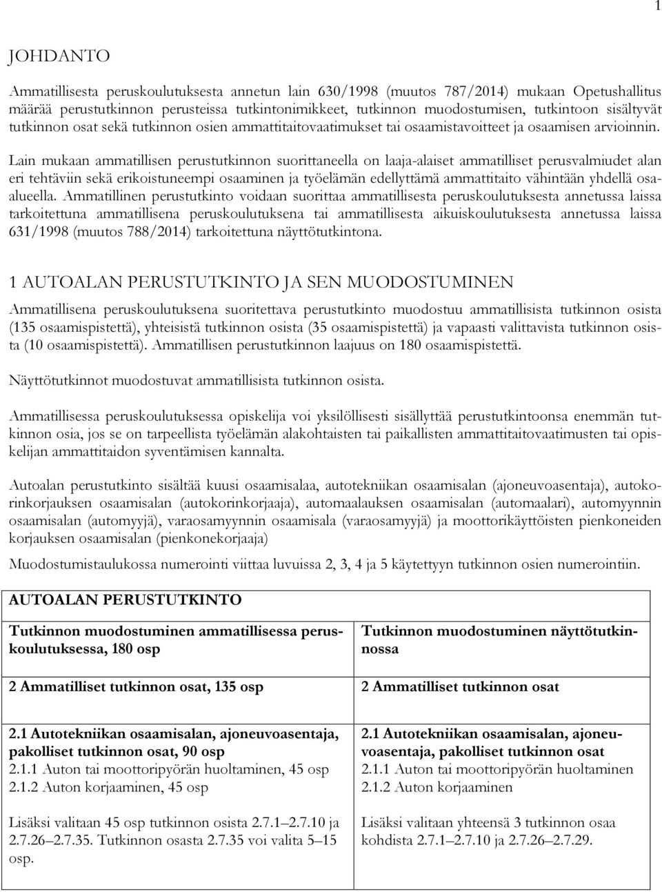 Lain mukaan ammatillisen perustutkinnon suorittaneella on laaja-alaiset ammatilliset perusvalmiudet alan eri tehtäviin sekä erikoistuneempi osaaminen ja työelämän edellyttämä ammattitaito vähintään