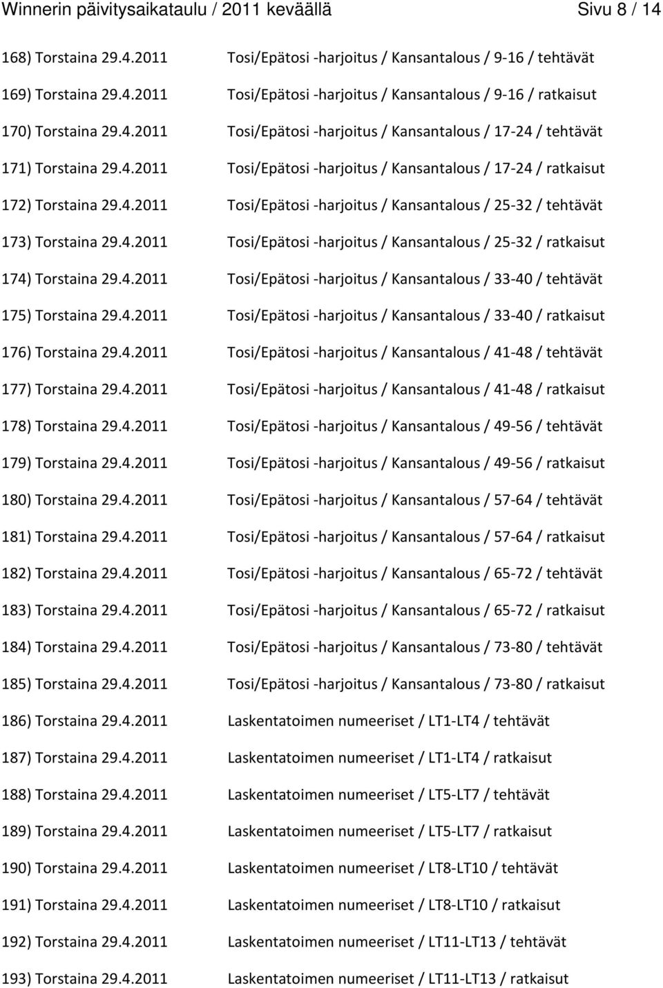 4.2011 Tosi/Epätosi -harjoitus/ Kansantalous / 25-32 / ratkaisut 174) Torstaina 29.4.2011 Tosi/Epätosi -harjoitus/ Kansantalous / 33-40 / tehtävät 175) Torstaina 29.4.2011 Tosi/Epätosi -harjoitus/ Kansantalous / 33-40 / ratkaisut 176) Torstaina 29.