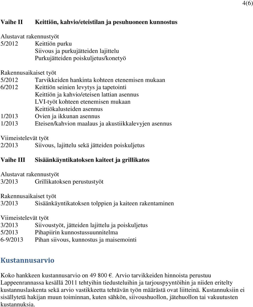 mukaan Keittiökalusteiden asennus 1/2013 Ovien ja ikkunan asennus 1/2013 Eteisen/kahvion maalaus ja akustiikkalevyjen asennus Viimeistelevät työt 2/2013 Siivous, lajittelu sekä jätteiden poiskuljetus