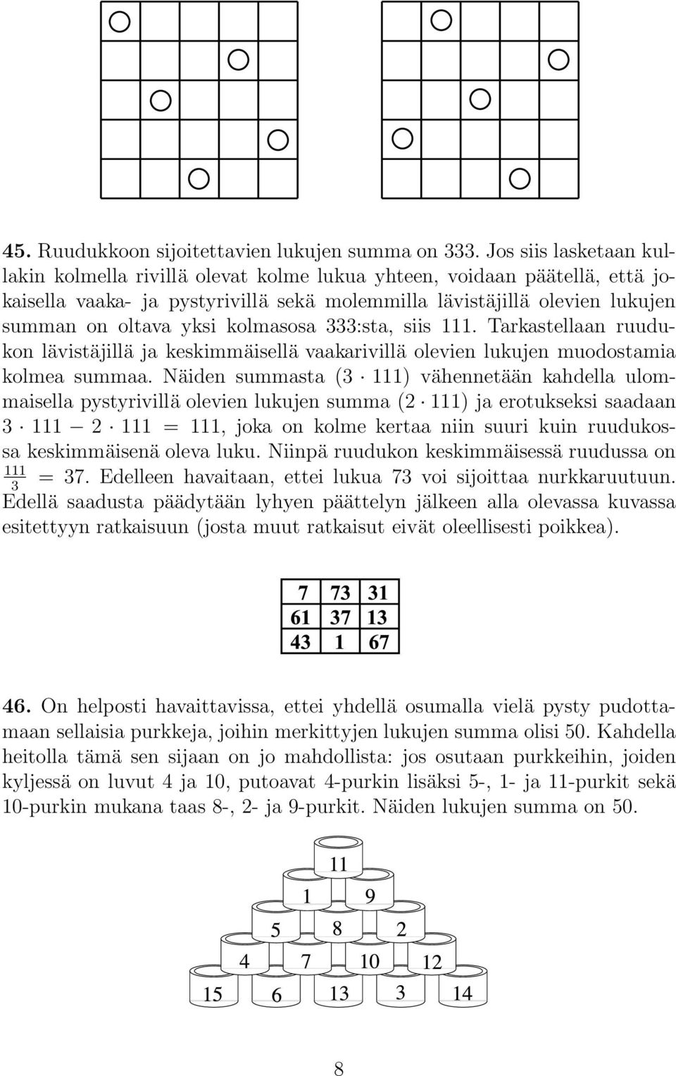 kolmasosa 333:sta, siis 111. Tarkastellaan ruudukon lävistäjillä ja keskimmäisellä vaakarivillä olevien lukujen muodostamia kolmea summaa.