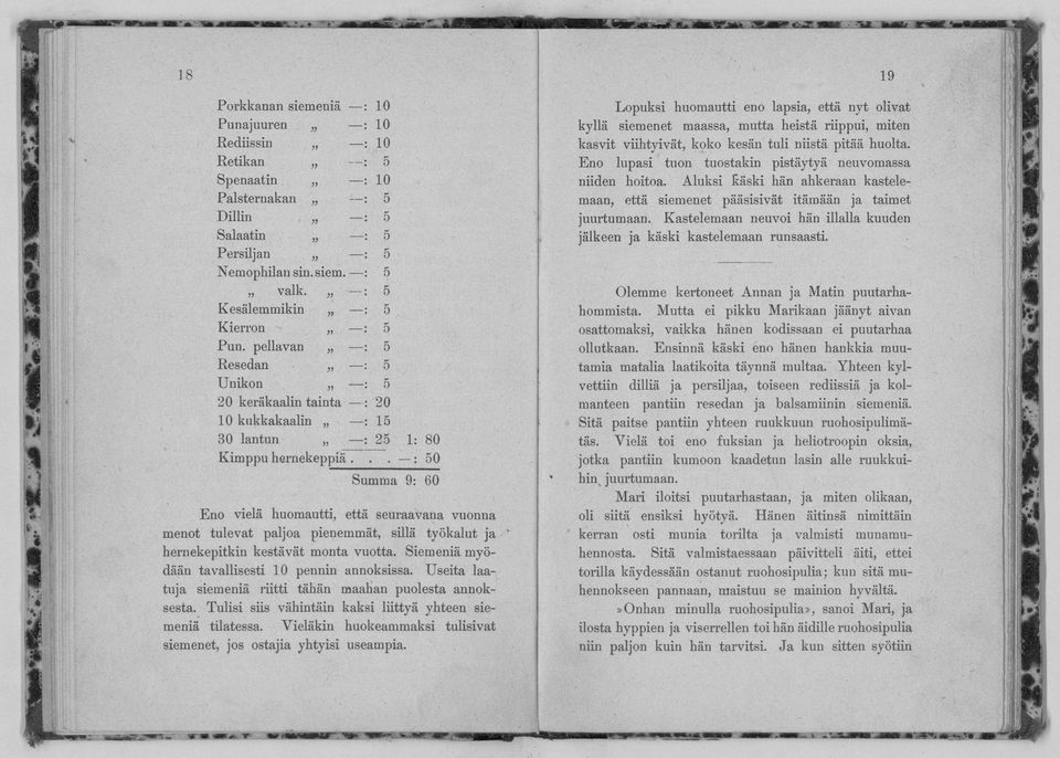 .. Summa 9: 60 Eno vielä huomautti, että seuraavana vuonna menot tulevat paljoa pienemmät, sillä työkalut ja hernekepitkin kestävät monta vuotta. Siemeniä myödään tavallisesti 10 pennin annoksissa.