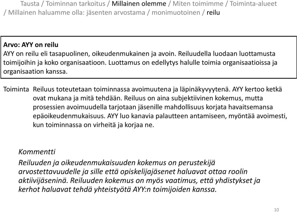 Toiminta Reiluus toteutetaan toiminnassa avoimuutena ja läpinäkyvyytenä. AYY kertoo ketkä ovat mukana ja mitä tehdään.