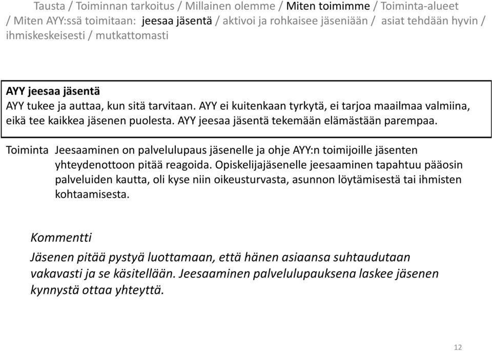 Toiminta Jeesaaminen on palvelulupaus jäsenelle ja ohje AYY:n toimijoille jäsenten yhteydenottoon pitää reagoida.