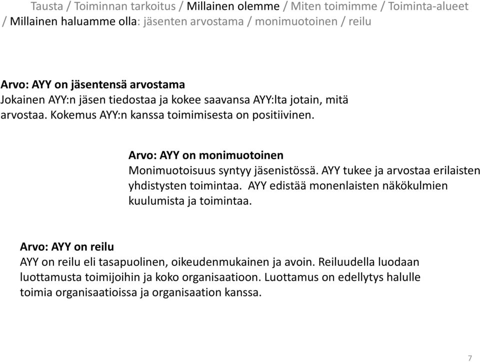 AYY tukee ja arvostaa erilaisten yhdistysten toimintaa. AYY edistää monenlaisten näkökulmien kuulumista ja toimintaa.