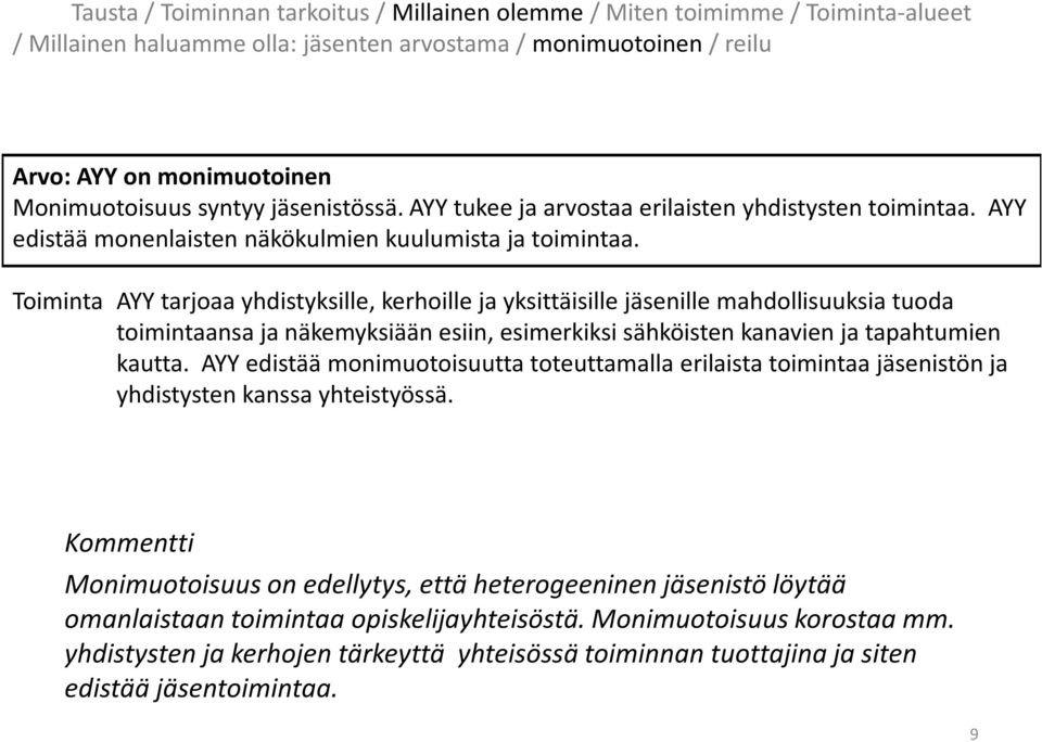 Toiminta AYY tarjoaa yhdistyksille, kerhoille ja yksittäisille jäsenille mahdollisuuksia tuoda toimintaansa ja näkemyksiään esiin, esimerkiksi sähköisten kanavien ja tapahtumien kautta.