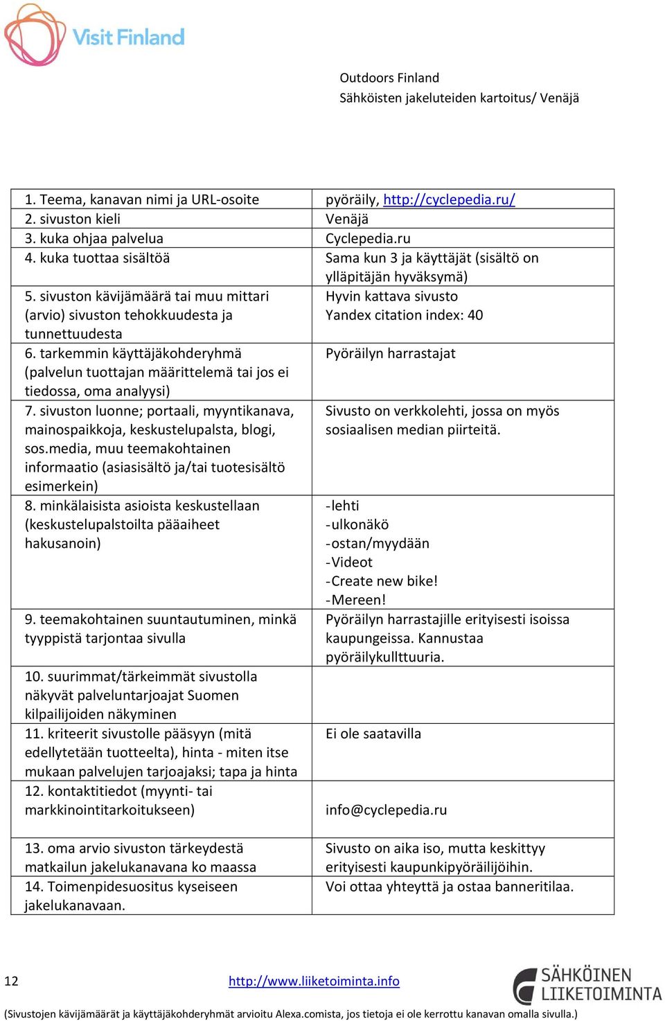 tarkemmin käyttäjäkohderyhmä (palvelun tuottajan määrittelemä tai jos ei tiedossa, oma analyysi) 7. sivuston luonne; portaali, myyntikanava, sos.