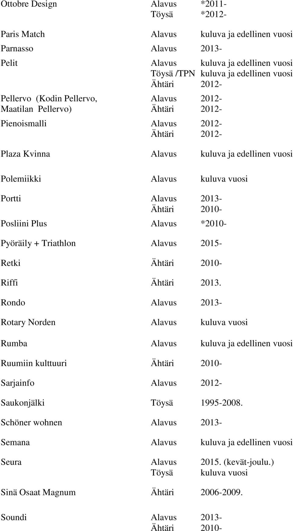 *2010- Pyöräily + Triathlon Alavus 2015- Retki Riffi Ähtäri 2013.