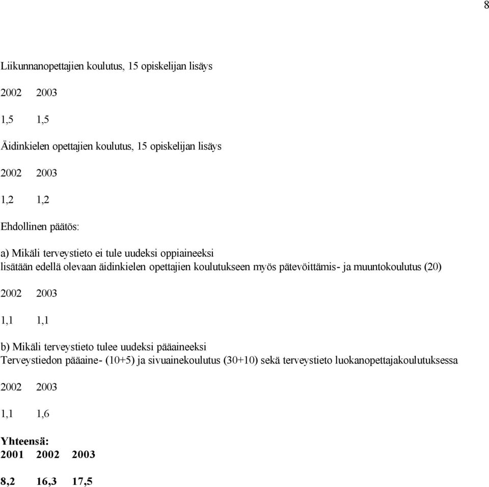 koulutukseen myös pätevöittämis- ja muuntokoulutus (20) 1,1 1,1 b) Mikäli terveystieto tulee uudeksi pääaineeksi