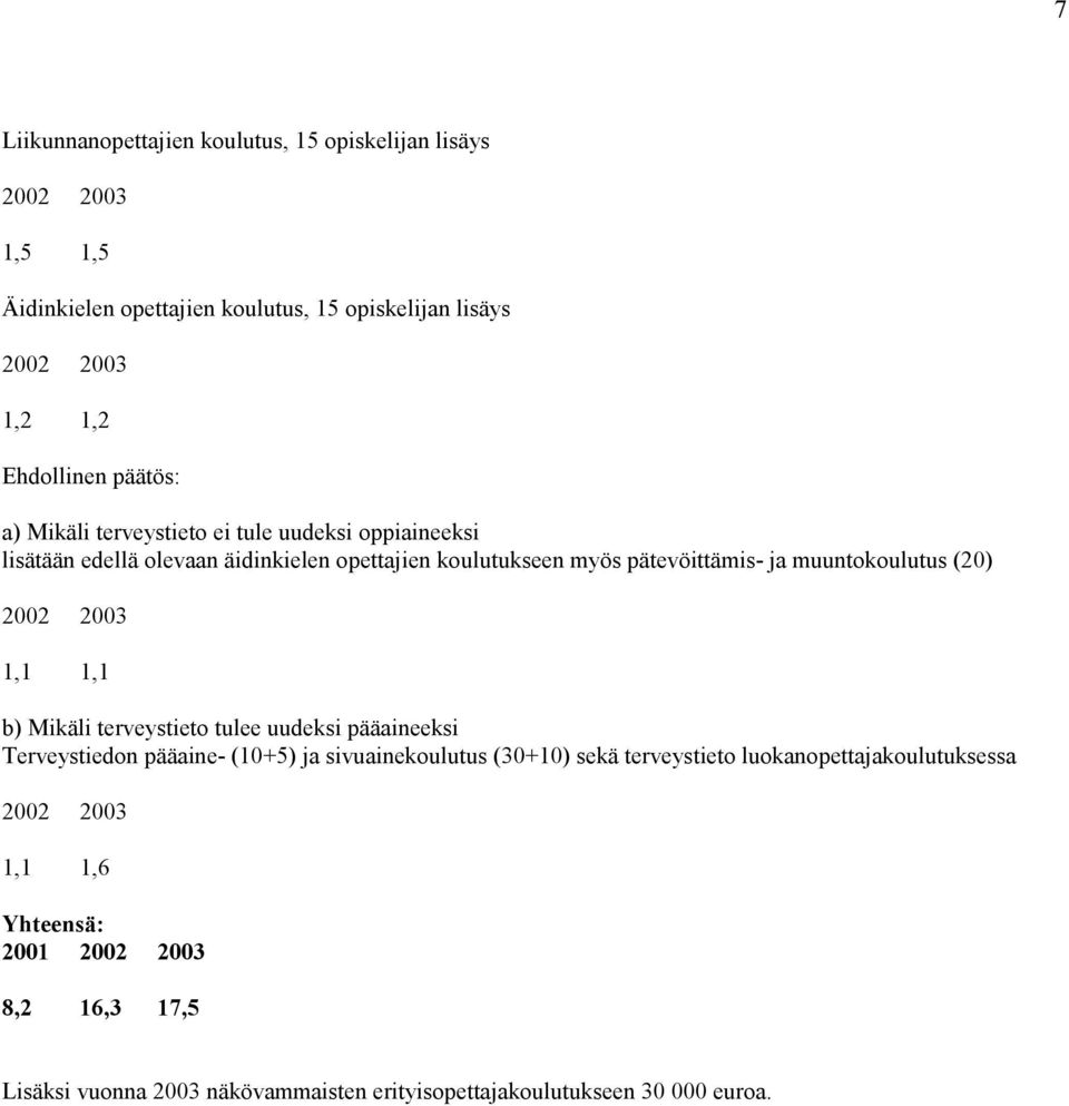 ja muuntokoulutus (20) 1,1 1,1 b) Mikäli terveystieto tulee uudeksi pääaineeksi Terveystiedon pääaine- (10+5) ja sivuainekoulutus (30+10)