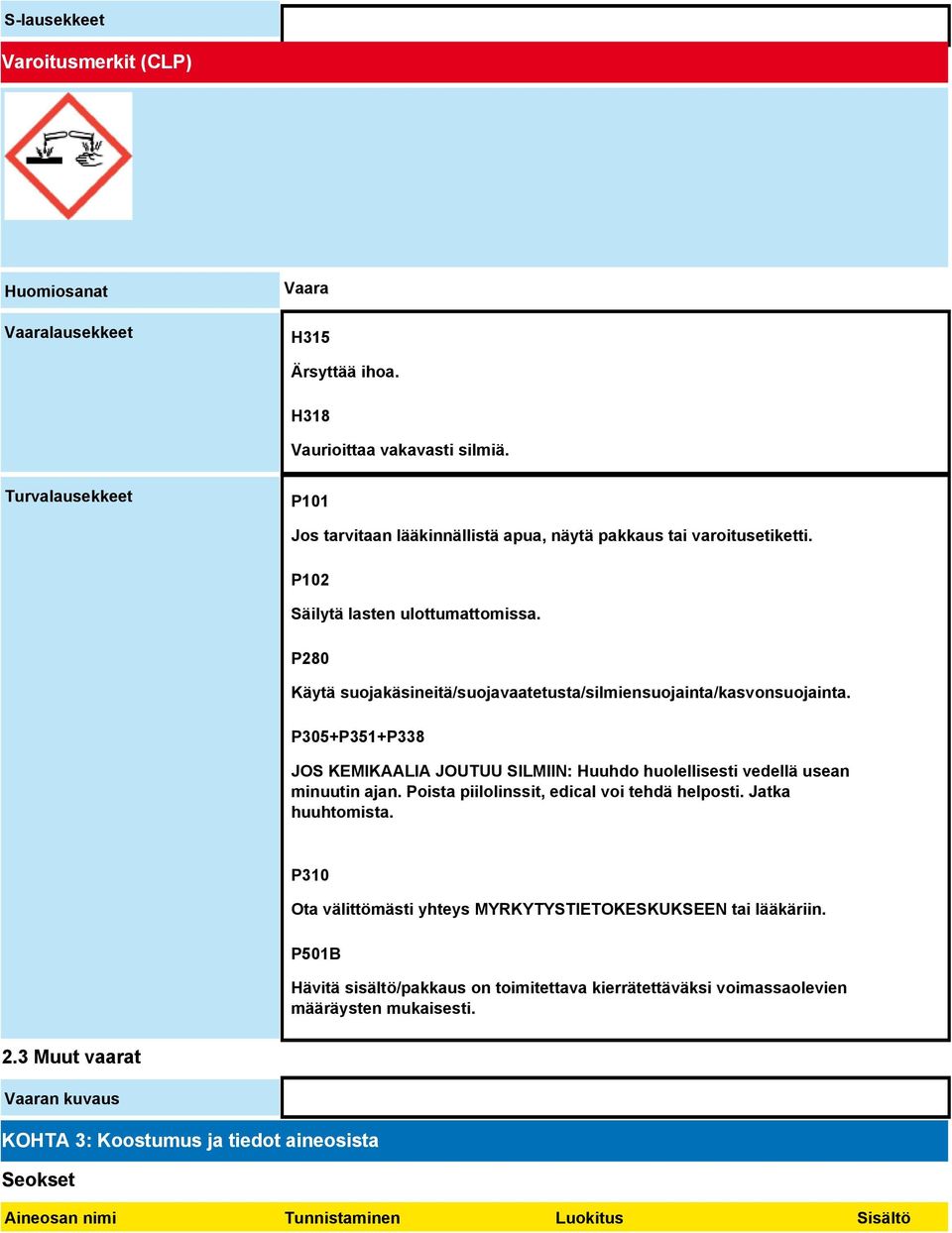 P280 Käytä suojakäsineitä/suojavaatetusta/silmiensuojainta/kasvonsuojainta. P305+P351+P338 JOS KEMIKAALIA JOUTUU SILMIIN: Huuhdo huolellisesti vedellä usean minuutin ajan.