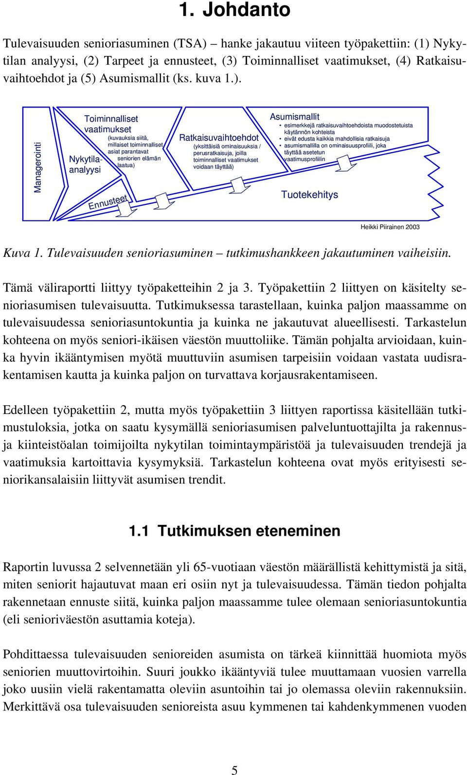 Managerointi Toiminnalliset vaatimukset Nykytilaanalyysi (kuvauksia siitä, millaiset toiminnalliset asiat parantavat seniorien elämän laatua) Ennusteet Ratkaisuvaihtoehdot (yksittäisiä ominaisuuksia