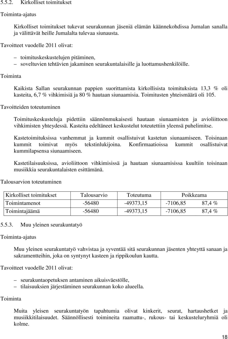 Kaikista Sallan seurakunnan pappien suorittamista kirkollisista toimituksista 13,3 % oli kasteita, 6,7 % vihkimisiä ja 80 % hautaan siunaamisia. Toimitusten yhteismäärä oli 105.