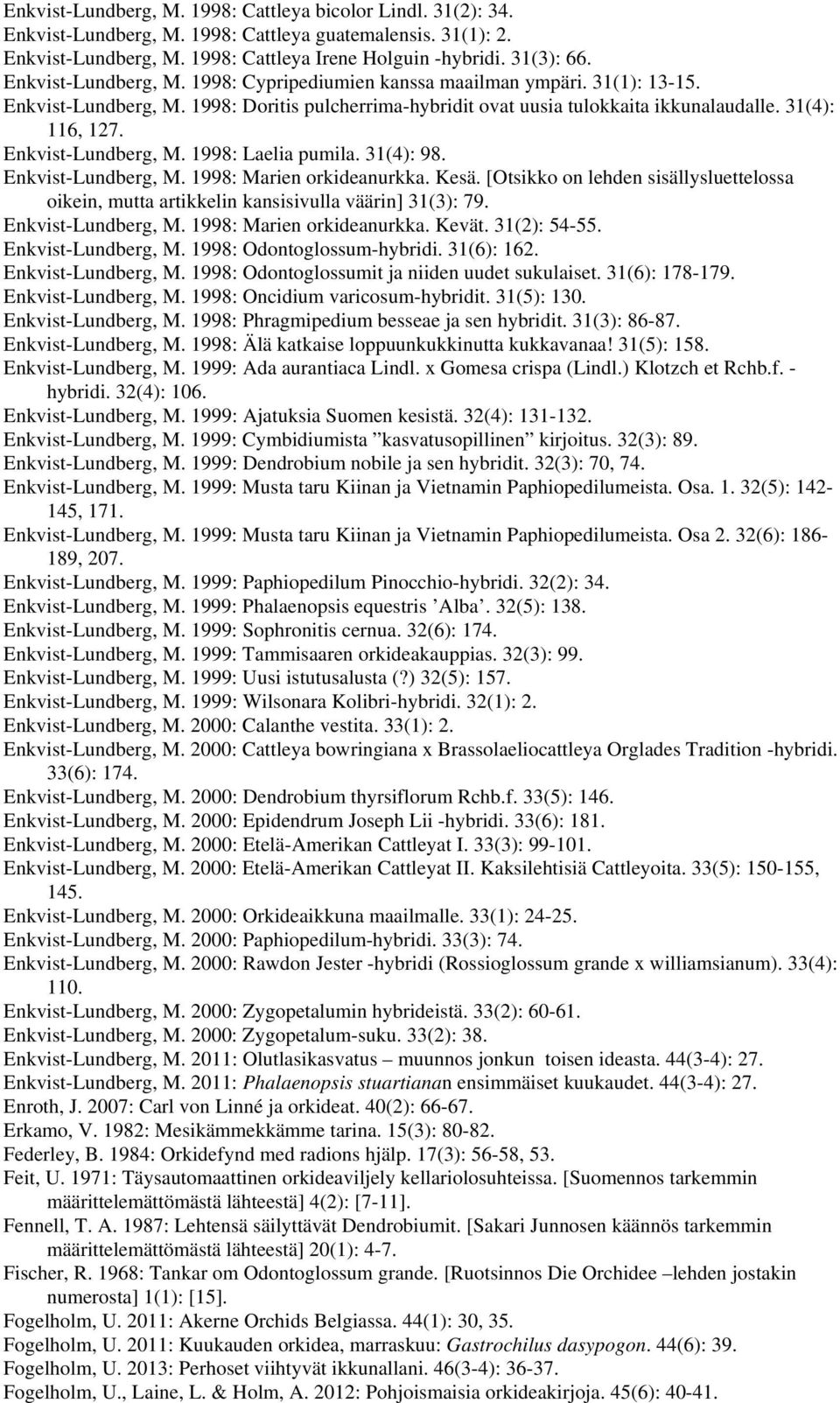 Enkvist-Lundberg, M. 1998: Laelia pumila. 31(4): 98. Enkvist-Lundberg, M. 1998: Marien orkideanurkka. Kesä.