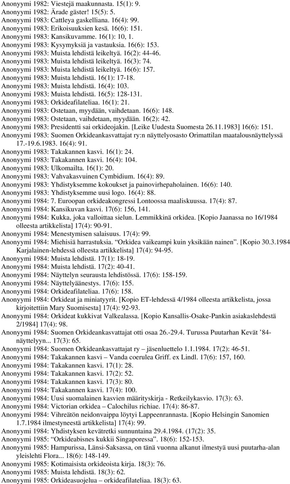 Anonyymi 1983: Muista lehdistä leikeltyä. 16(6): 157. Anonyymi 1983: Muista lehdistä. 16(1): 17-18. Anonyymi 1983: Muista lehdistä. 16(4): 103. Anonyymi 1983: Muista lehdistä. 16(5): 128-131.