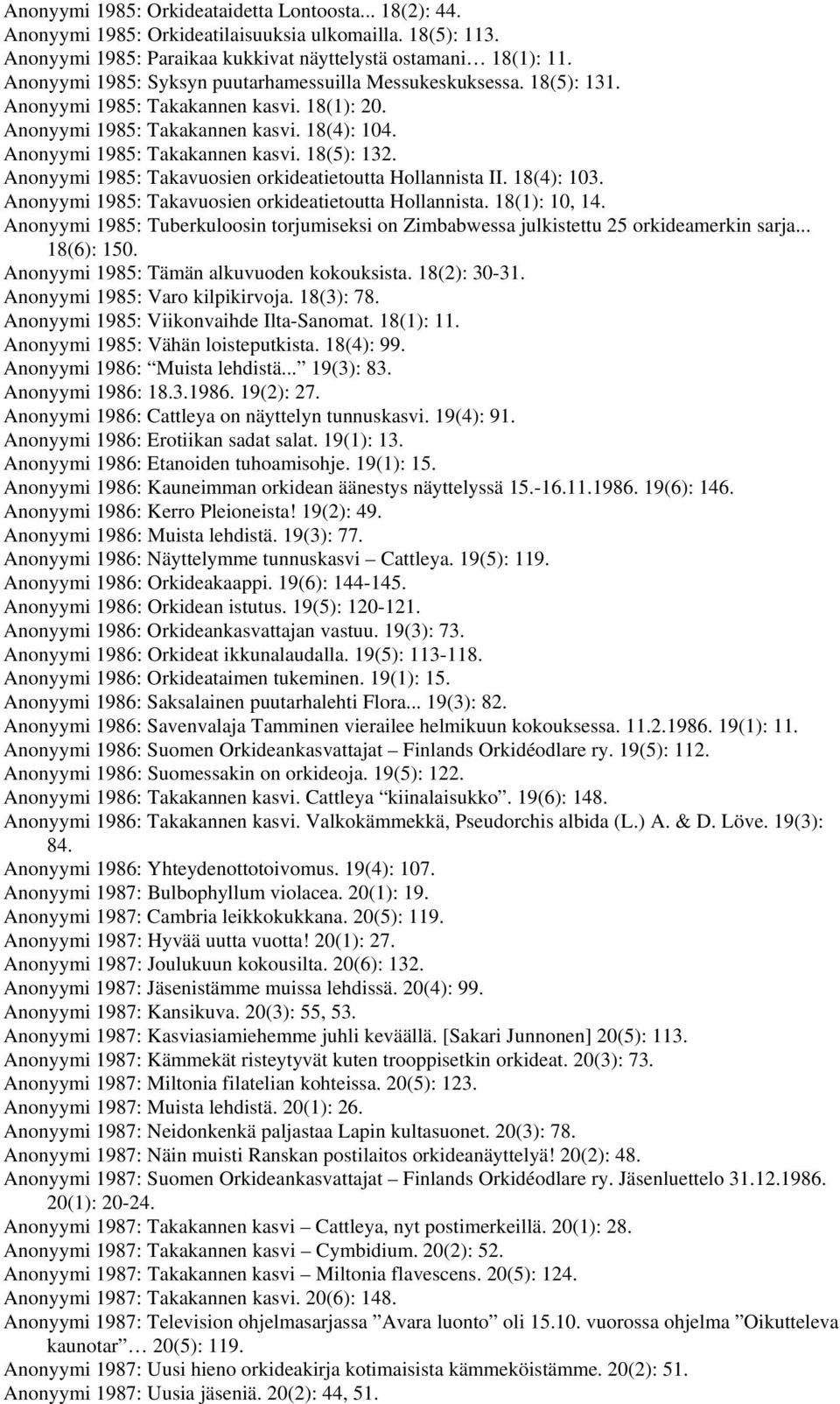 Anonyymi 1985: Takavuosien orkideatietoutta Hollannista II. 18(4): 103. Anonyymi 1985: Takavuosien orkideatietoutta Hollannista. 18(1): 10, 14.