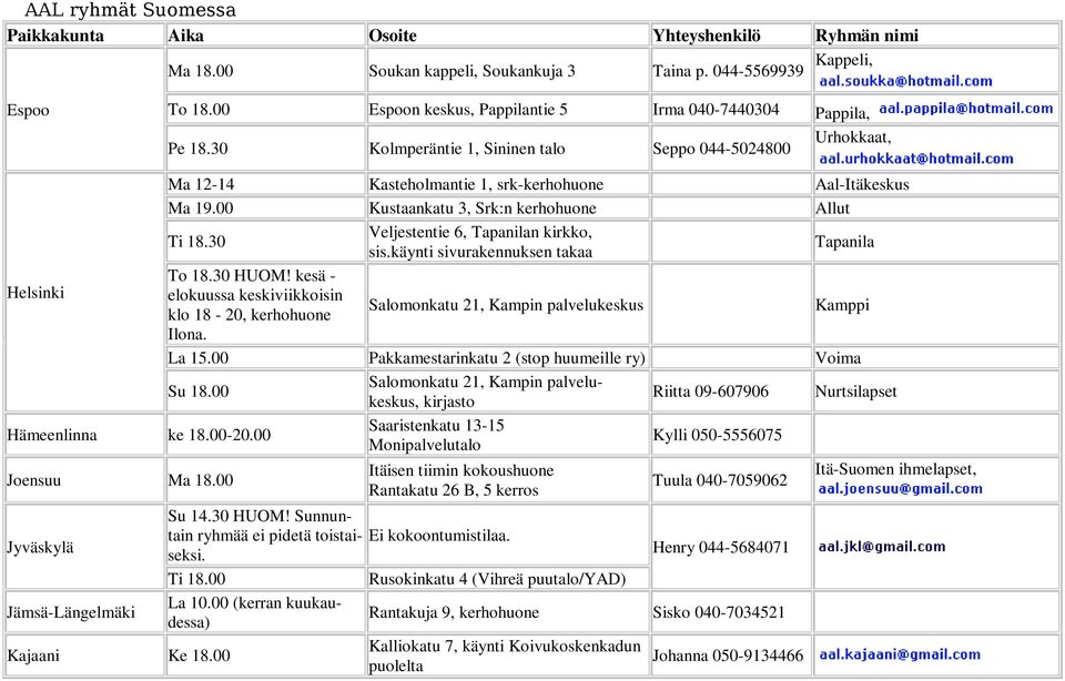 00 Kustaankatu 3, Srk:n kerhohuone Allut Ti 18.30 Veljestentie 6, Tapanilan kirkko, sis.käynti sivurakennuksen takaa Tapanila To 18.30 HUOM!