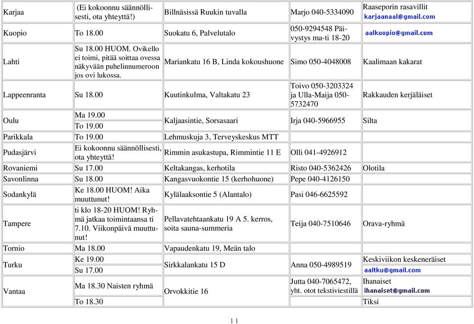 Toivo 050-3203324 Lappeenranta Su 18.00 Kuutinkulma, Valtakatu 23 ja Ulla-Maija 050- Rakkauden kerjäläiset 5732470 Oulu Ma 19.00 To 19.