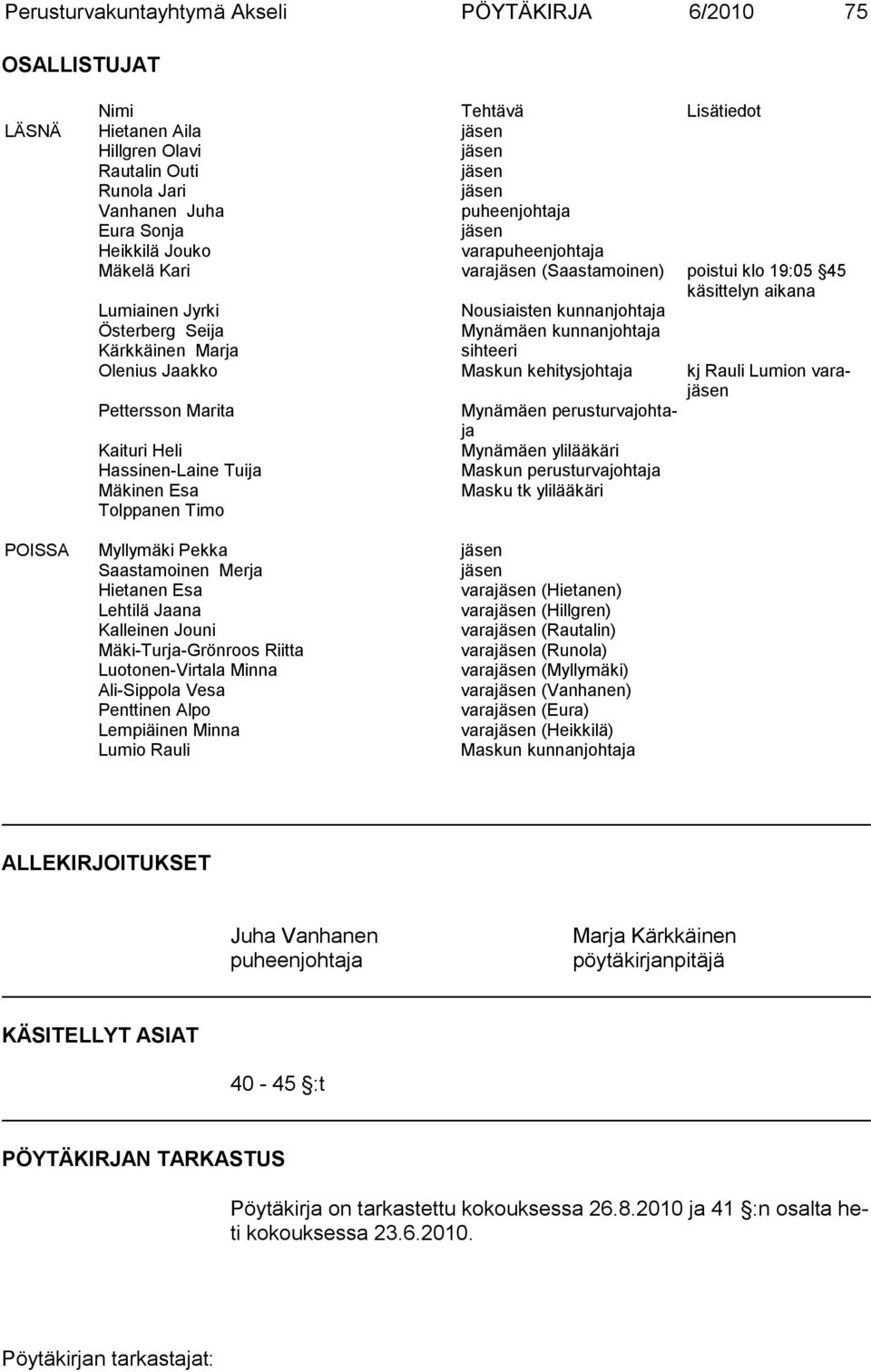 kunnanjohtaja Kärkkäinen Marja sihteeri Olenius Jaakko Maskun kehitysjohtaja kj Rauli Lumion varajäsen Pettersson Marita Mynämäen perusturvajohtaja Kaituri Heli Mynämäen ylilääkäri Hassinen-Laine