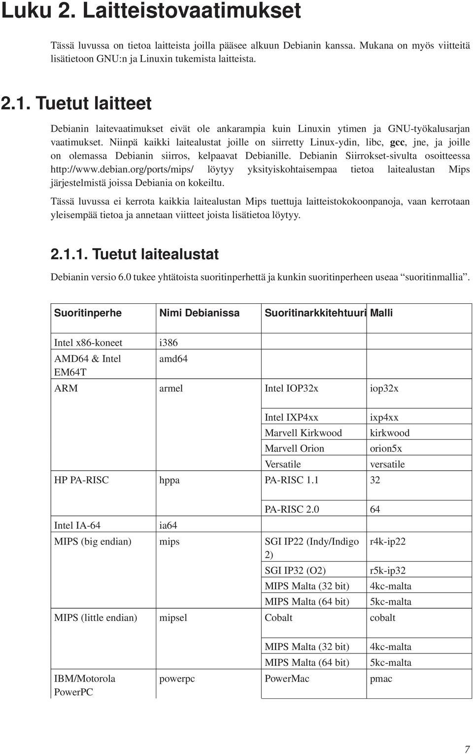 Niinpä kaikki laitealustat joille on siirretty Linux-ydin, libc, gcc, jne, ja joille on olemassa Debianin siirros, kelpaavat Debianille. Debianin Siirrokset-sivulta osoitteessa http://www.debian.