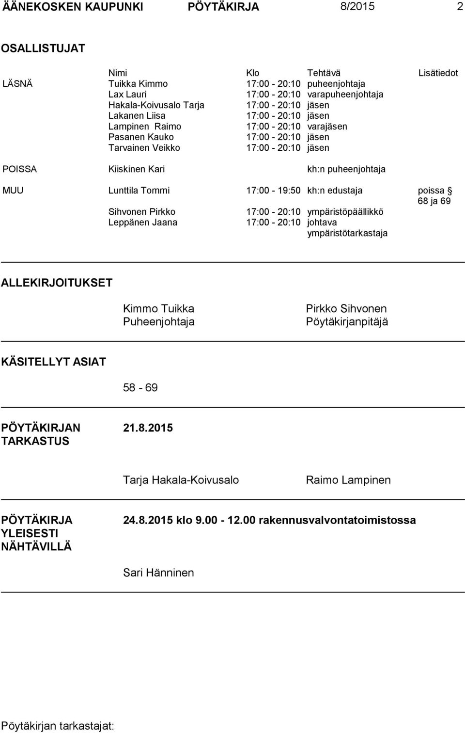 Lunttila Tommi 17:00-19:50 kh:n edustaja poissa 68 ja 69 Sihvonen Pirkko 17:00-20:10 ympäristöpäällikkö Leppänen Jaana 17:00-20:10 johtava ympäristötarkastaja ALLEKIRJOITUKSET Kimmo Tuikka