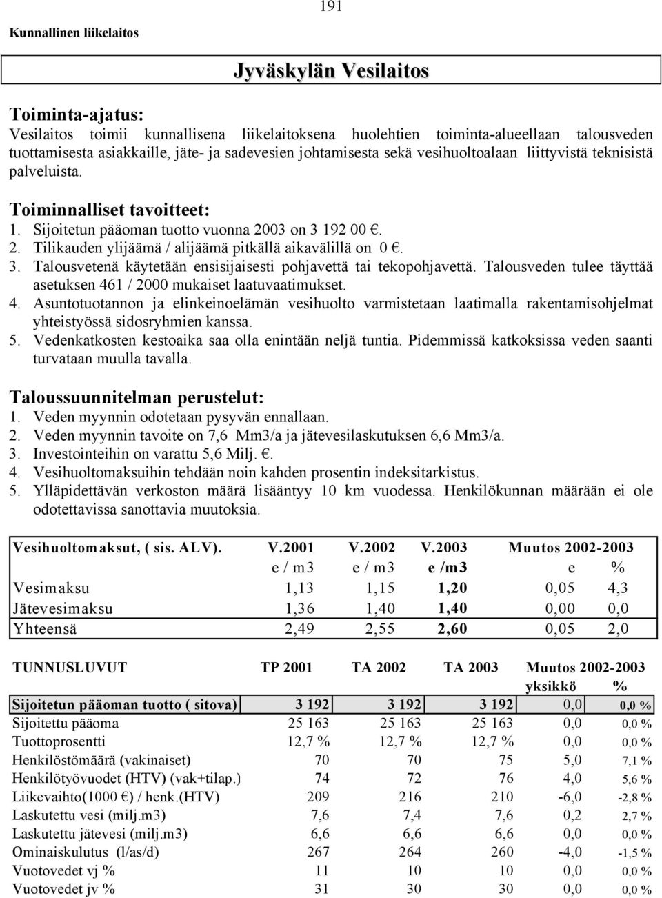 03 on 3 192 00. 2. Tilikauden ylijäämä / alijäämä pitkällä aikavälillä on 0. 3. Talousvetenä käytetään ensisijaisesti pohjavettä tai tekopohjavettä.