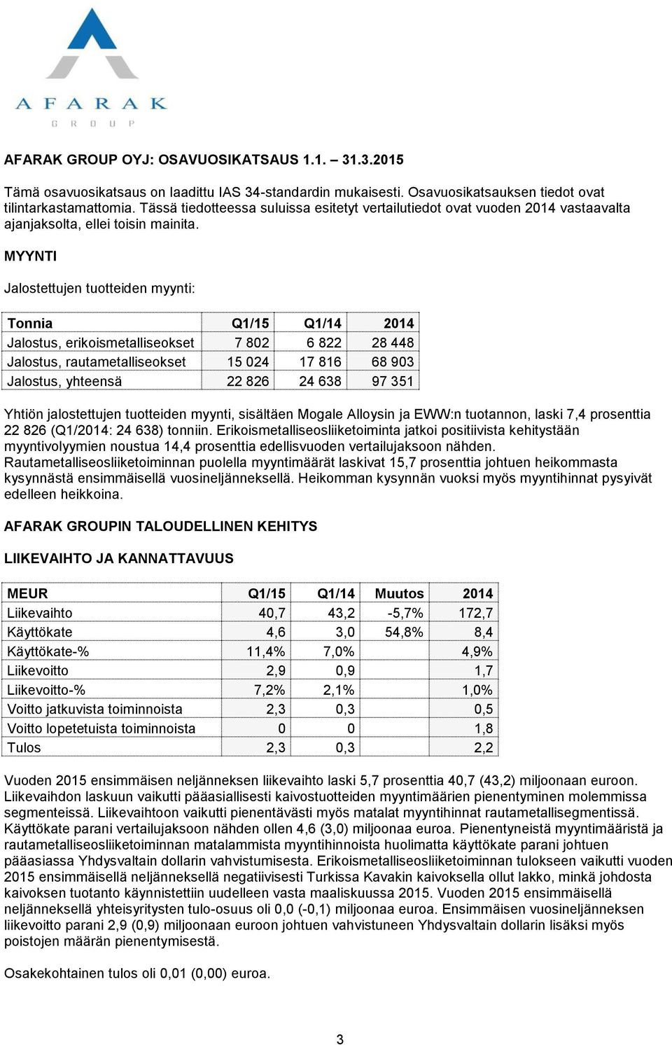 MYYNTI Jalostettujen tuotteiden myynti: Tonnia Q1/15 Q1/14 2014 Jalostus, erikoismetalliseokset 7 802 6 822 28 448 Jalostus, rautametalliseokset 15 024 17 816 68 903 Jalostus, yhteensä 22 826 24 638