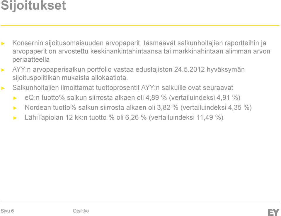 2012 hyväksymän sijoituspolitiikan mukaista allokaatiota.