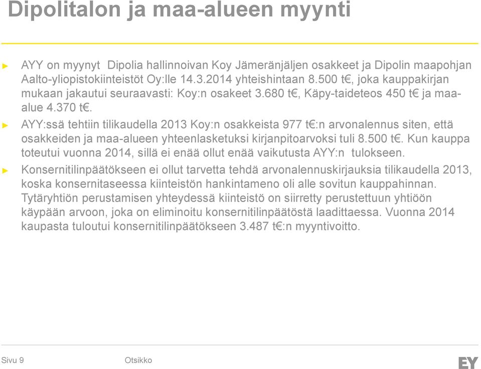 AYY:ssä tehtiin tilikaudella 2013 Koy:n osakkeista 977 t :n arvonalennus siten, että osakkeiden ja maa-alueen yhteenlasketuksi kirjanpitoarvoksi tuli 8.500 t.