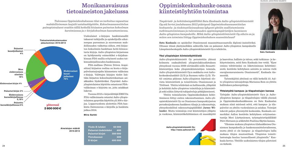 Tietoaineistokustannusten jakautuminen 2010-2013 Aineistojen määrät 2010-2013 Uudenlaiset e-kirjojen hankintamallit takaavat tutkijoille ja opiskelijoille aikaisempaa paremman ja suoremman