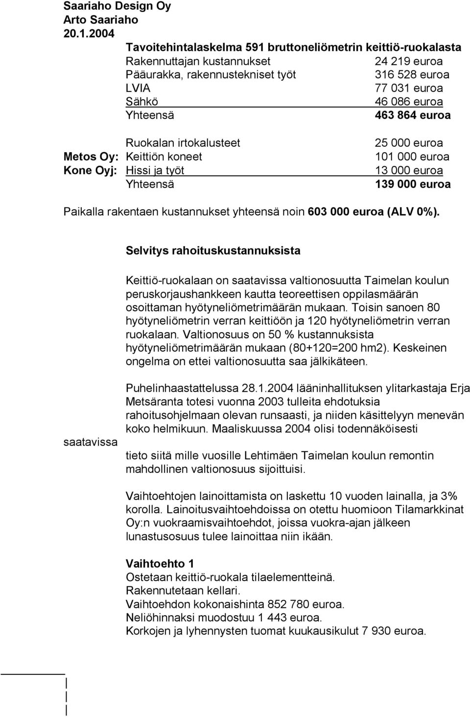 euroa Ruokalan irtokalusteet Metos Oy: Keittiön koneet Kone Oyj: Hissi ja työt 25 000 euroa 101 000 euroa 13 000 euroa 139 000 euroa Paikalla rakentaen kustannukset yhteensä noin 603 000 euroa (ALV