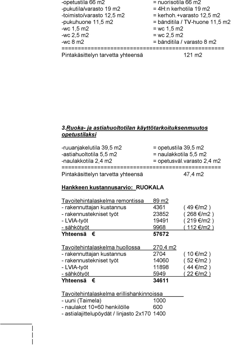 Pintakäsittelyn tarvetta yhteensä 121 m2 3.