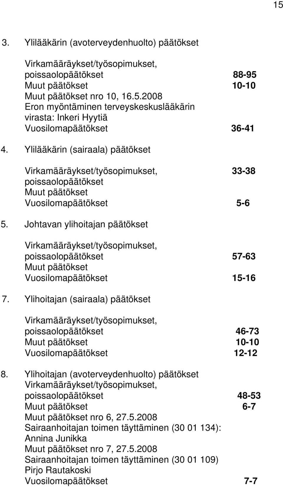 Johtavan ylihoitajan päätökset Virkamääräykset/työsopimukset, poissaolopäätökset 57-63 Muut päätökset Vuosilomapäätökset 15-16 7.
