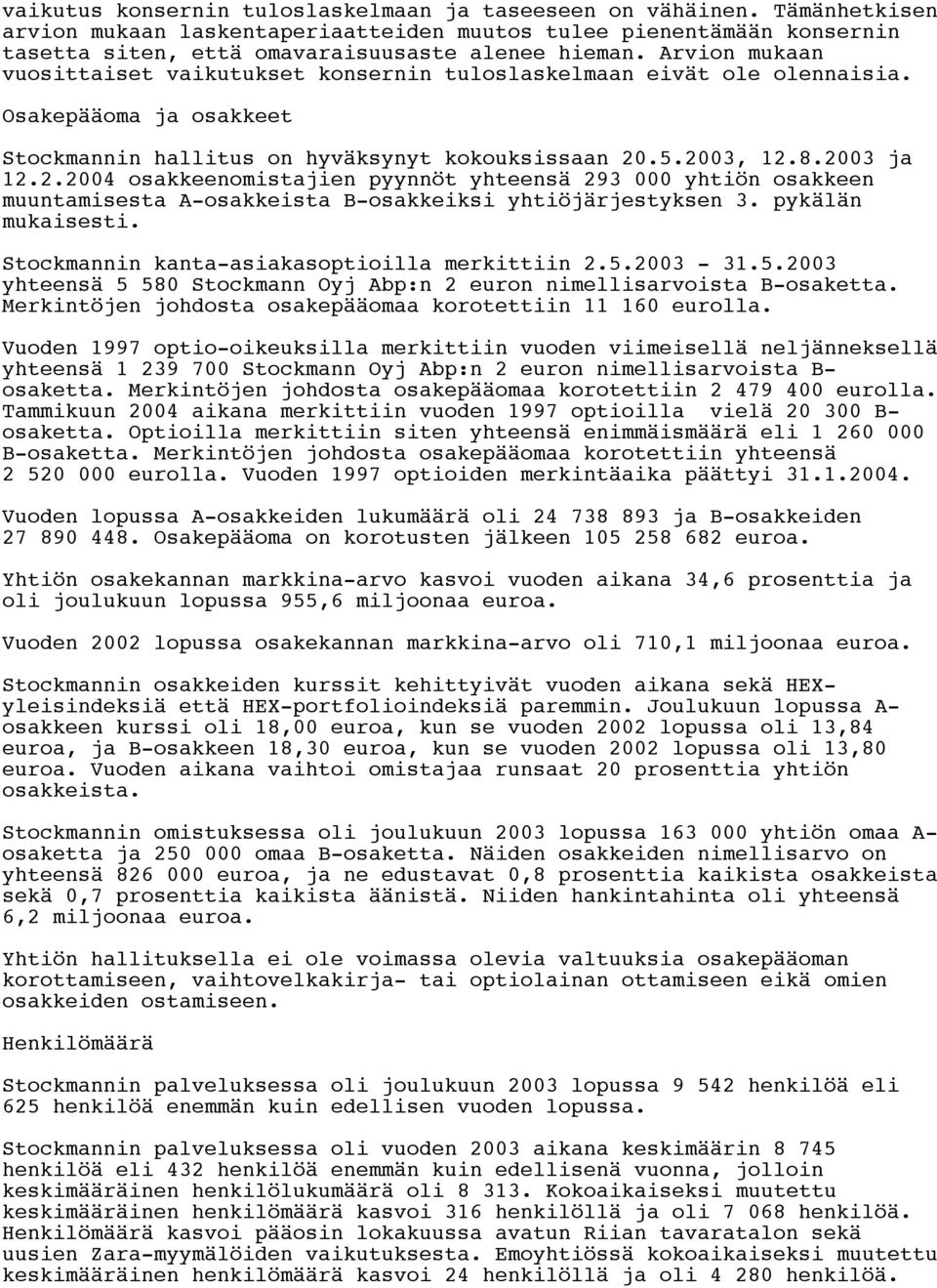 .5.2003, 12.8.2003 ja 12.2.2004 osakkeenomistajien pyynnöt yhteensä 293 000 yhtiön osakkeen muuntamisesta A-osakkeista B-osakkeiksi yhtiöjärjestyksen 3. pykälän mukaisesti.