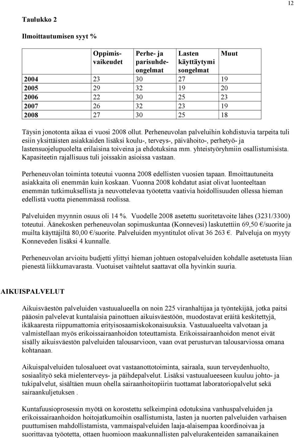 Perheneuvolan palveluihin kohdistuvia tarpeita tuli esiin yksittäisten asiakkaiden lisäksi koulu-, terveys-, päivähoito-, perhetyö- ja lastensuojelupuolelta erilaisina toiveina ja ehdotuksina mm.