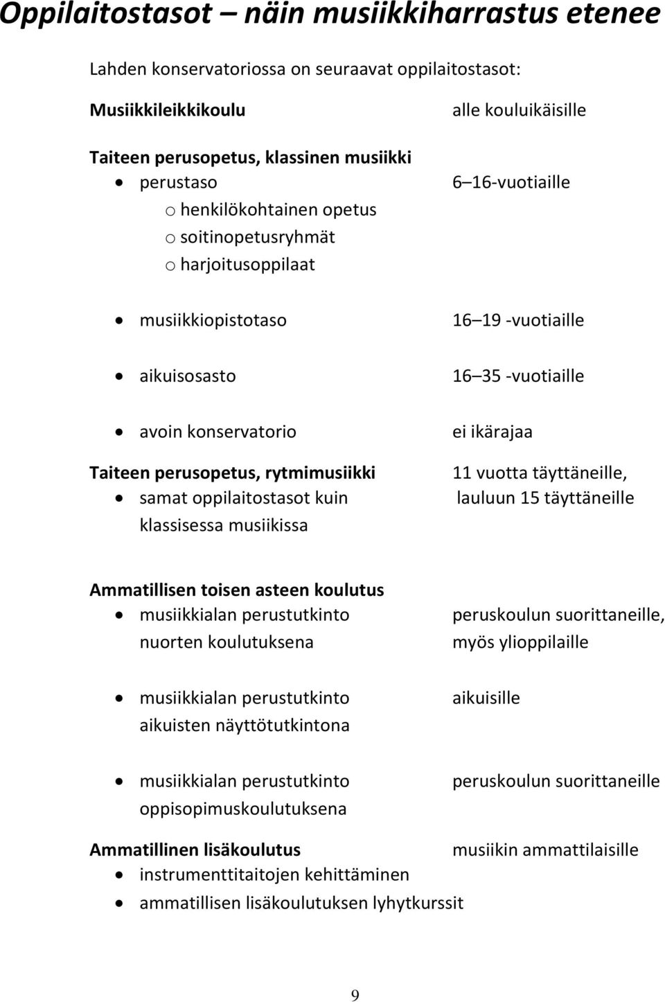 16-vuotiaille 16 19 -vuotiaille 16 35 -vuotiaille ei ikärajaa 11 vuotta täyttäneille, lauluun 15 täyttäneille Ammatillisen toisen asteen koulutus musiikkialan perustutkinto nuorten koulutuksena