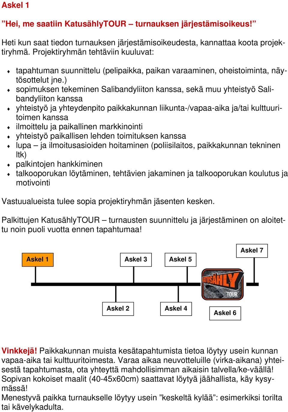 ) sopimuksen tekeminen Salibandyliiton kanssa, sekä muu yhteistyö Salibandyliiton kanssa yhteistyö ja yhteydenpito paikkakunnan liikunta-/vapaa-aika ja/tai kulttuuritoimen kanssa ilmoittelu ja