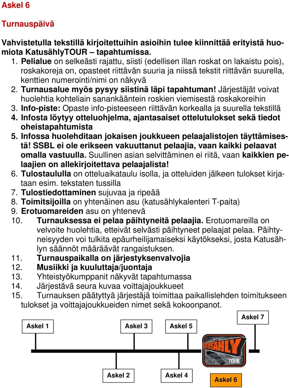 Turnausalue myös pysyy siistinä läpi tapahtuman! Järjestäjät voivat huolehtia kohteliain sanankääntein roskien viemisestä roskakoreihin 3.